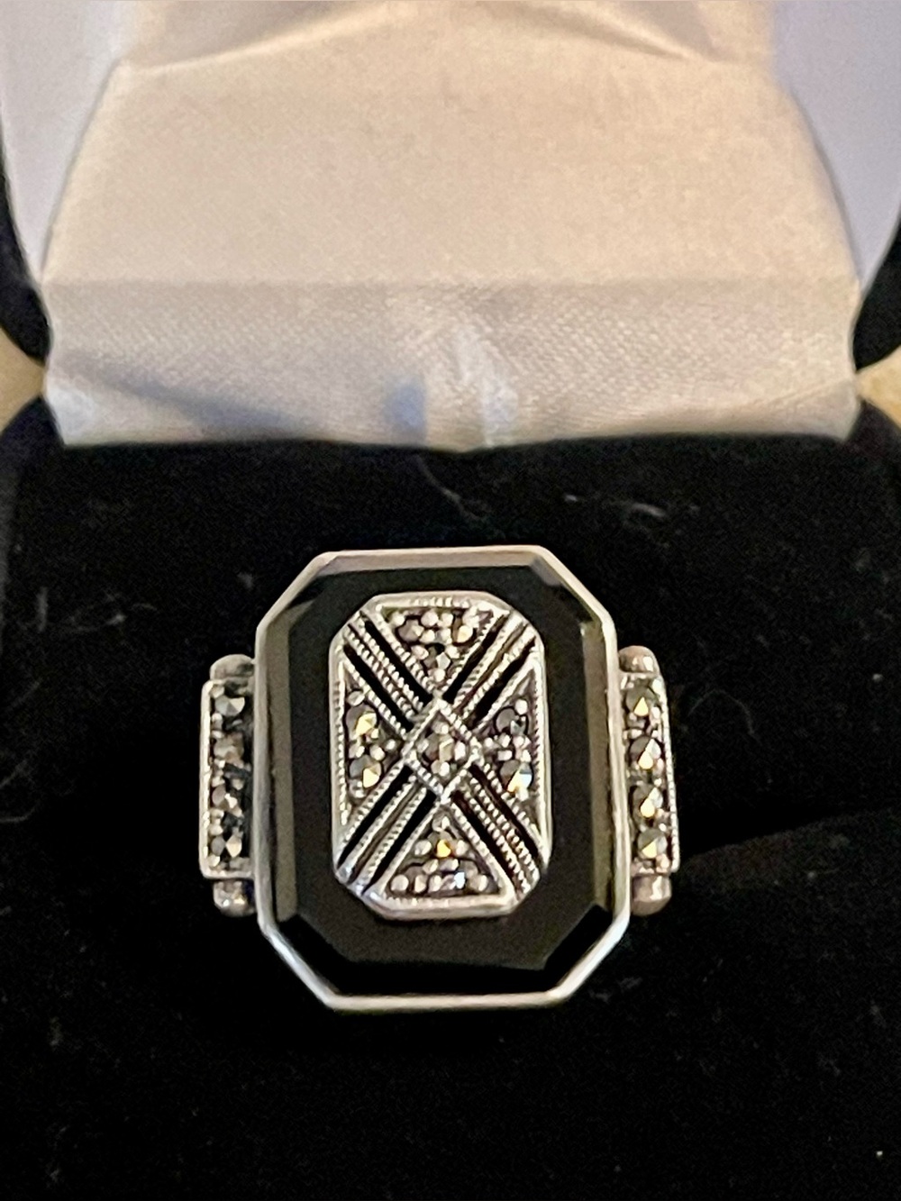 Fremada Art Deco Sterling Silver Black Onyx & Marcasite Ring 11.87g Sz 8.5
